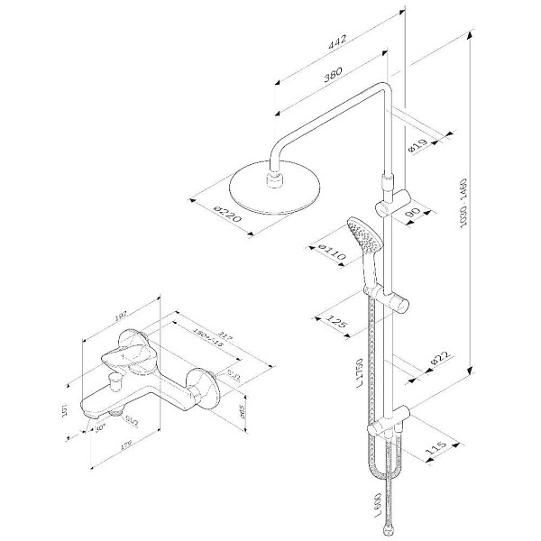 F40885C14 Sunny набор 2в1: см-ль д/ванны/душа, верхний душ d 220 мм, ручн.душ 110 мм, 1 ф-ция, душев