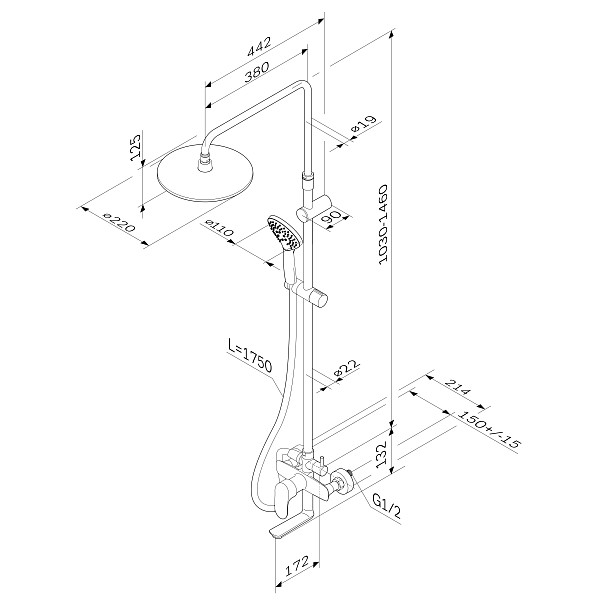 F0780920 AM.PM,душ.система,набор:см-ль д/ванны/душа,верхний душ d220 мм, ручной душ 110 мм, 3 функци
