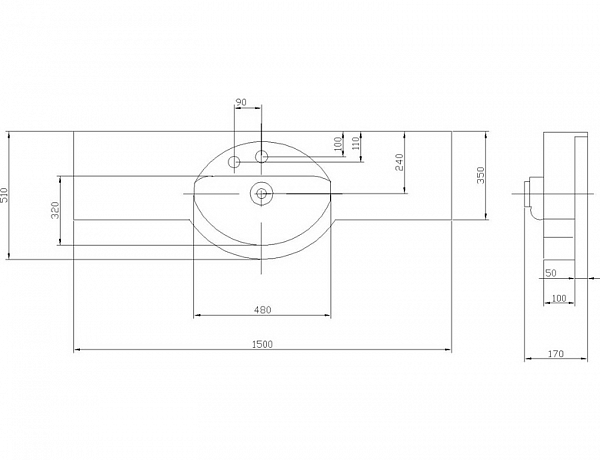 Раковина под тумбу Акватон - ОТЕЛЬ 5/150 с навесами 1A70133NOT010