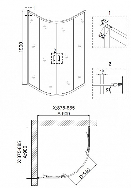 Душ. ограждение Niagara NG-6806-08 BLACK (90*90*190) полукруг, двери раздвижные, 1 место