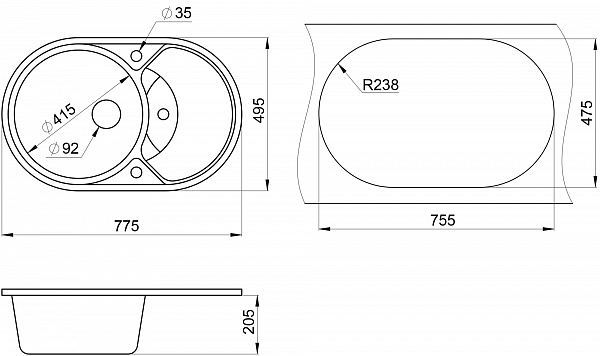 Мойка кухонная Granula овальная кварц 7801, ШВАРЦ