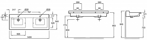 Двойная подвесная раковина-столешница Jacob Delafon Soprano 140х54 см EXJ122-00