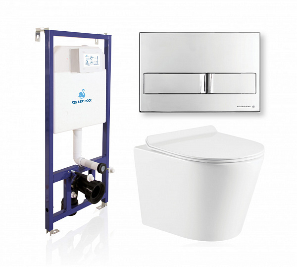 Комплект KOLLER POOL для монтажа  подвесного унитаза: Инсталляция DUNE 1200 SL с клавишей NEON Chrome, Унитаз ORION Rimless, сиденье дюропласт: SoftClose, Take Off, антибактериальное покрытие, система «Антивсплеск»