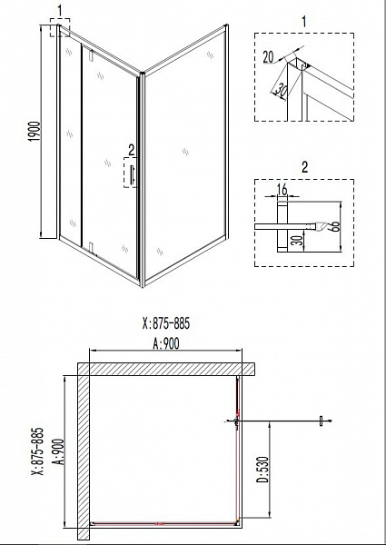 Душ. ограждение Niagara NG-6801-08 BLACK (90*90*190) квадрат, дверь распашная, 1 место