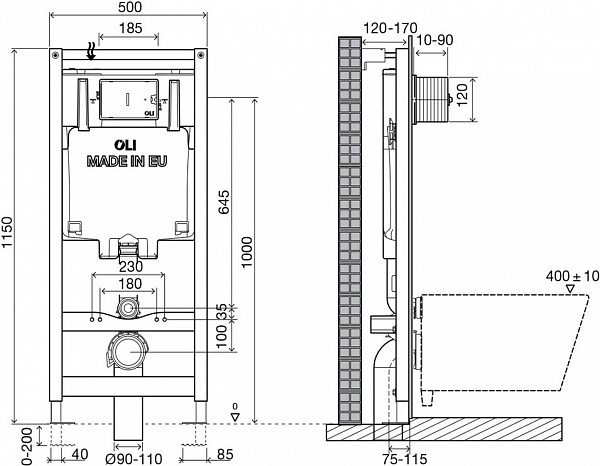 Инсталляция в комплекте с пневматической панелью слива OLI 80 300573pSA00