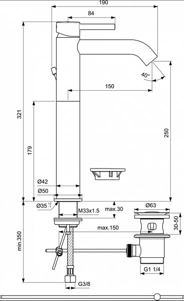 Смеситель Ideal Standard Ceraline BC194AA для раковины с донным клапаном