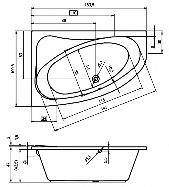 Акриловая ванна Riho Lyra 153x100 правая B021001005