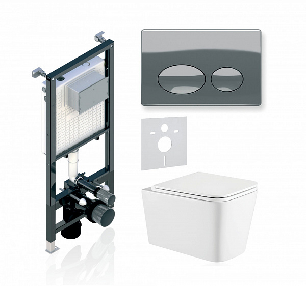 Комплект KOLLER POOL для монтажа  подвесного унитаза: Инсталляция Alcora ST 1200 с клавишей ROUND Chrome, Унитаз KVADRO Rimless, сиденье дюропласт: SoftClose, Take Off, антибактериальное покрытие, система «Антивсплеск»