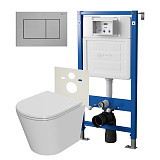 Сет: Система инсталляции Point Элемент для подвесного унитаза PN45120 + Клавиша смыва для инсталляции Point Ника, нержавеющая сталь, сталь брашированная, PN44081SB + Унитаз подвесной Point Виктория безободковый, сиденье микролифт PN41061