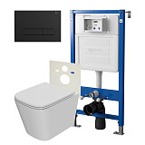 Сет: Система инсталляции Point Элемент для подвесного унитаза PN45120 + Клавиша смыва для инсталляции Point Меркурий, черная матовая, PN44831BM + Унитаз подвесной Point Ника безободковый, сиденье микролифт PN41081