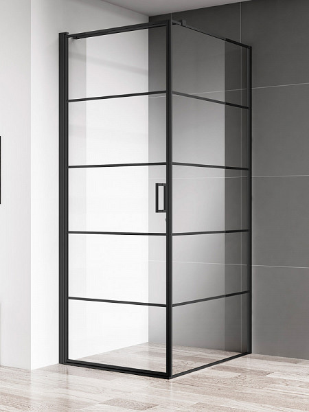 Душевой уголок AQUAme 800*800*1950мм., стекло 6мм, цвет профиля матовый черный, горизонтальные линии