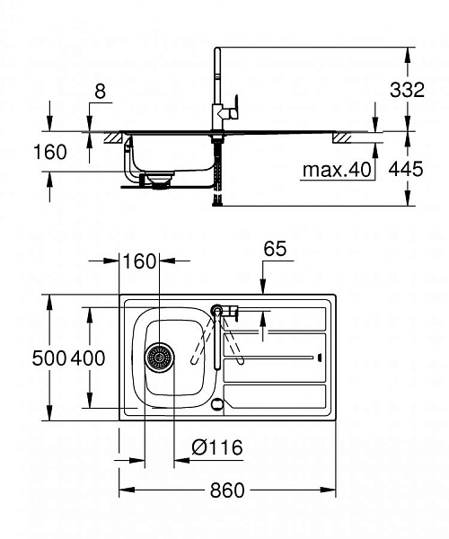 Комплект Grohe Bau 31562SD0 Мойка кухонная K200 31552SD0 + Смеситель BauEdge 31367000
