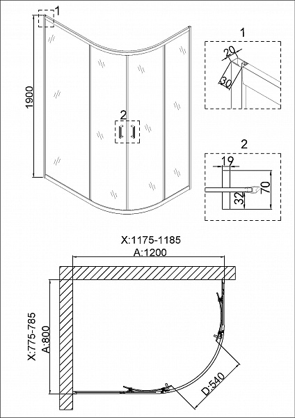 Душ. ограждение NG-6421-08 GOLD (120*80*190) полукруг, двери раздвижные, 1 место