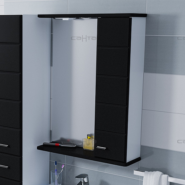 Зеркальный шкаф Омега 60, свет, черное, правое Санта 107012