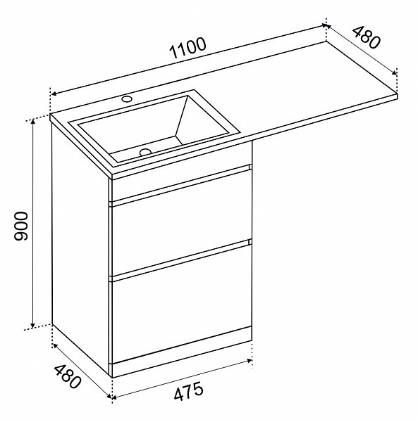 Тумба ДЖЕРСИ с умывальником Камилла 1100 над стиральной машиной, 2 ящика