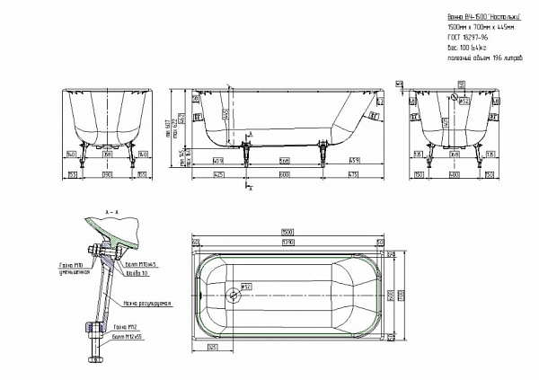 Чугунная ванна Ностальжи 150X70 Универсал