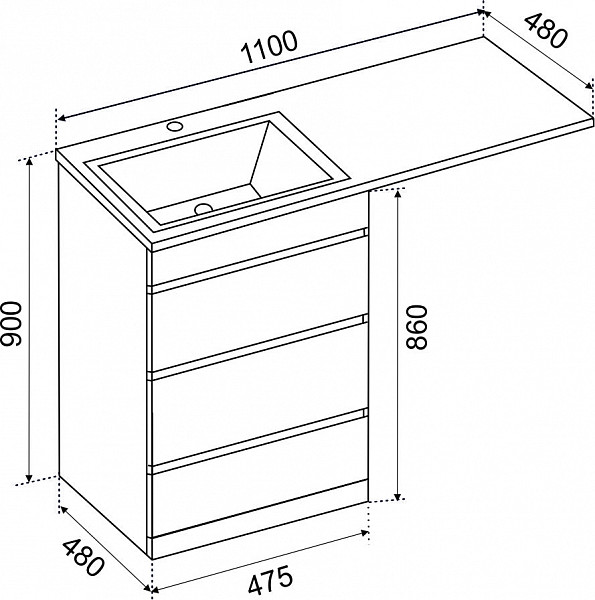 Тумба ДЖЕРСИ к умывальнику Камилла 1100 над стиральной машиной, 3 ящика