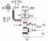 Сифон Элит Wirquin 1½ х 40 мм, нерж. чашка D114 мм, с отводом, с круглым и прямоугольным переливом L300 мм