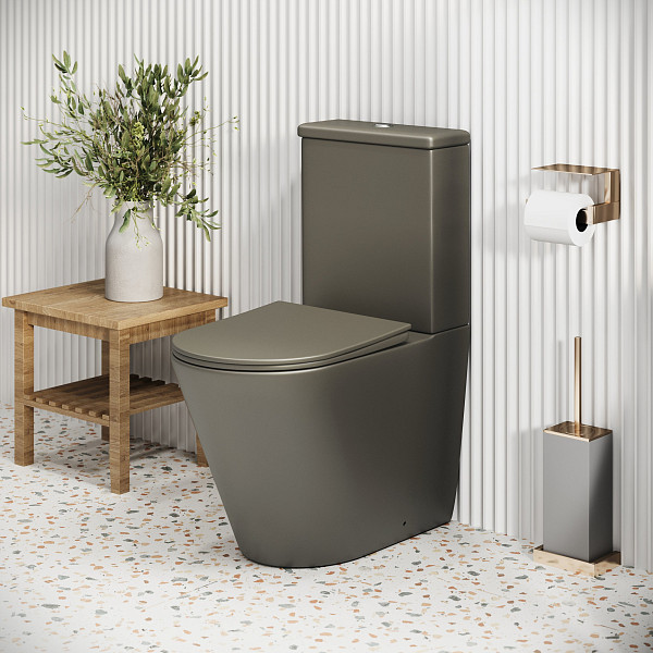 Унитаз GR-4480GSMS Color (620*365*810) ХАКИ МАТОВЫЙ напольный БЕЗОБОДКОВЫЙ с тонкой крышкой, 2 места