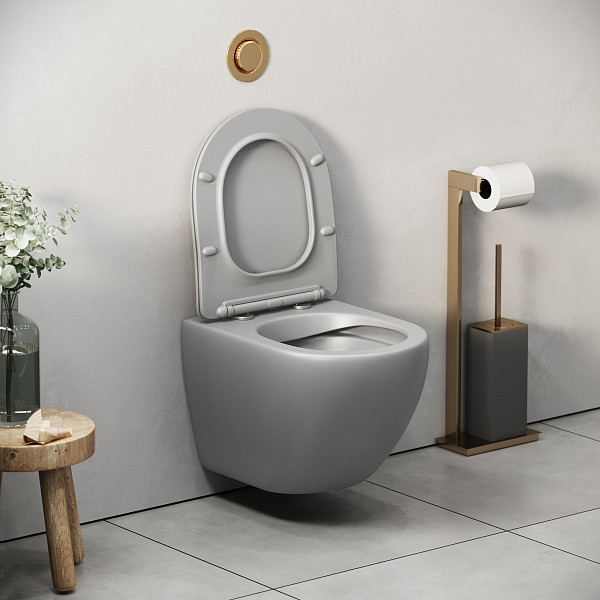 Унитаз GR-4455GLMS Color (485*365*360) СВЕТЛО-СЕРЫЙ МАТОВЫЙ подвесной БЕЗОБОДКОВЫЙ с тонкой крышкой