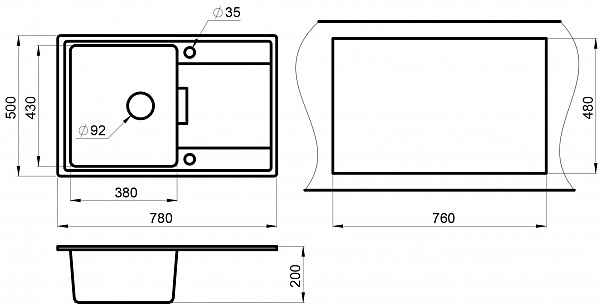 Мойка кухонная Granula прямоугольная кварц 7804, ШВАРЦ