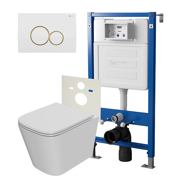 Сет: Система инсталляции Point Элемент для подвесного унитаза PN45120 + Клавиша смыва для инсталляции Point Виктория, белая/золото, PN44061WG + Унитаз подвесной Point Ника безободковый, сиденье микролифт PN41081