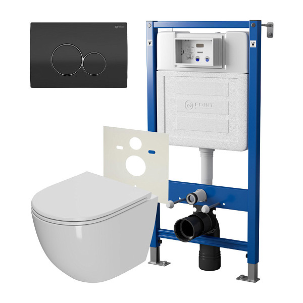 Сет: Система инсталляции Point Элемент для подвесного унитаза PN45120 + Клавиша смыва для инсталляции Point Виктория, черная/хром, PN44061BC + Унитаз подвесной Point Афина безободковый, сиденье микролифт PN41041
