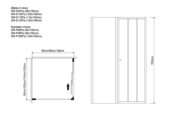 Душ.ограждение GR-D110-P90 Falcon (110*90*190) прямоугольник, раздвижная дверь из двух частей 2 мест