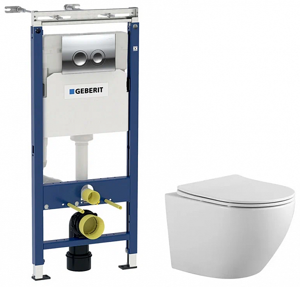 SET Aquatek ЕВРОПА+Geberit (458.123.21.1+AQ1901-00). Комплект  5в1(инсталляция+кнопка+крепеж+унитаз+крышка)