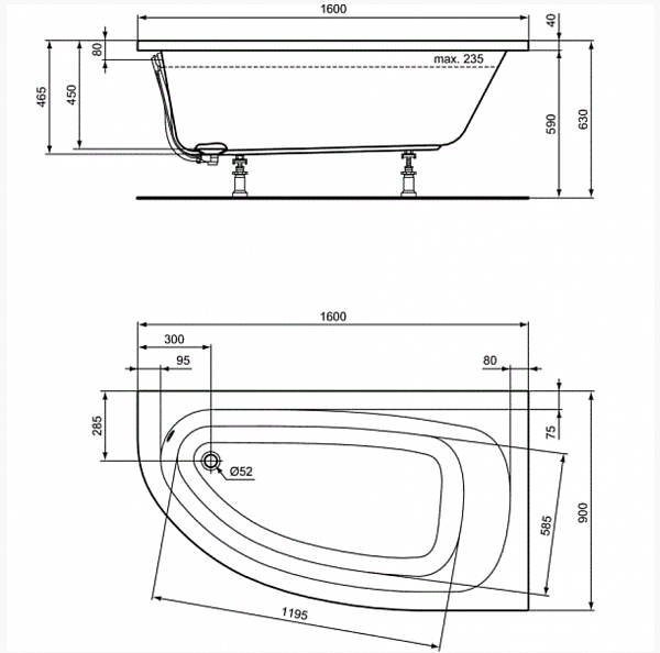 Акриловая ванна Ideal Standard Hotline Offset K275701 160x90 правая