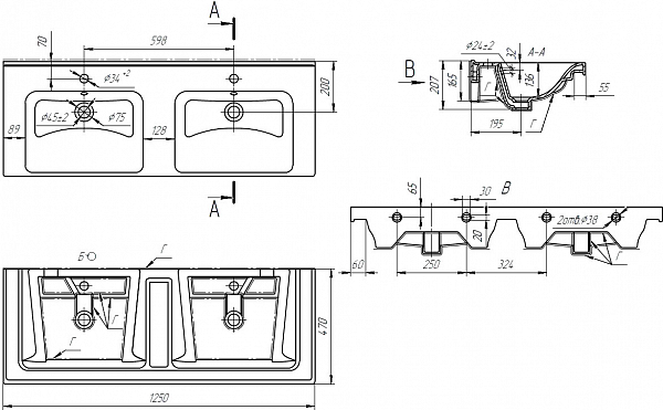 Раковина мебельная MYJOYS Harmony 125, 2 чаши