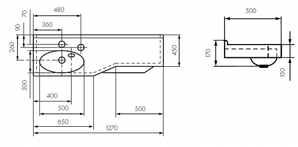 Раковина под тумбу Акватон - ОТЕЛЬ 2/127 левая с навесами 1A70113WOT01L