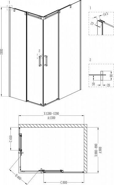 Душевой уголок Grossman GR-3130R Galaxy 130*90*190 прямоугольник, двери раздвижные