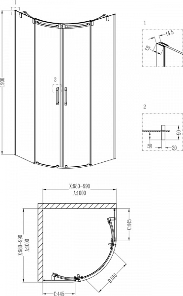 Душевой уголок Grossman GR-4100 Galaxy 100*100*190 полукруг, двери раздвижные