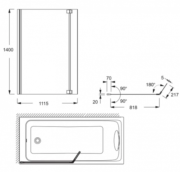 Шторка для ванны с двойной панелью 111.5x140 см Jacob Delafon Bain Douche NEO E4930-GA