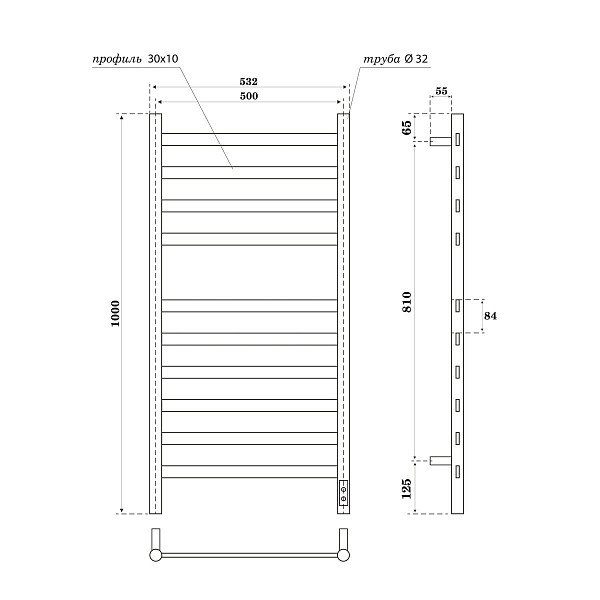 Полотенцесушитель электрический Point Селена PN16850GR П10 500x1000, диммер справа, графит премиум