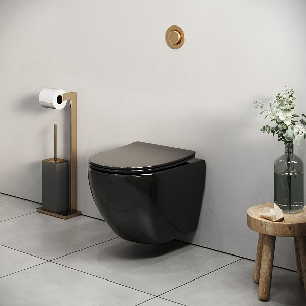 Унитаз GR-4455BS Color (485*365*360) ЧЕРНЫЙ подвесной БЕЗОБОДКОВЫЙ  с тонкой крышкой