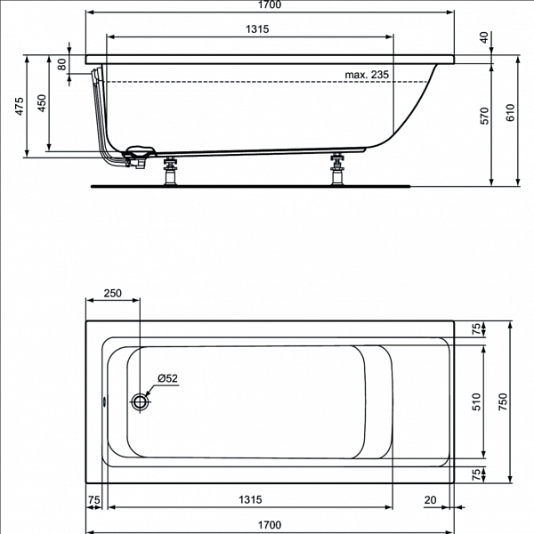 Акриловая ванна Ideal Standard Connect Air E106401 170х75 без гидромассажа