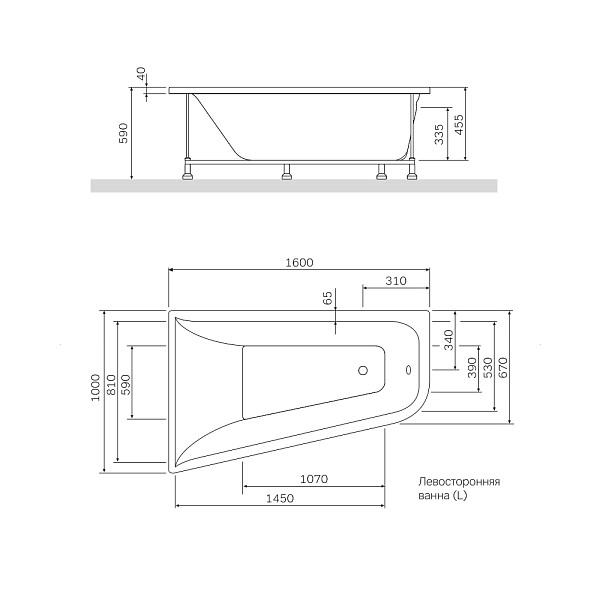 W72A-160L100W-A2 Ванна акриловая spirit  ассиметричная 160x100, без слива/перелива, левосторонняя