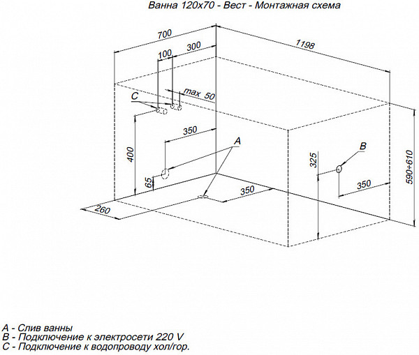 Акриловая ванна Aquanet West 120x70 (с каркасом) 00205558