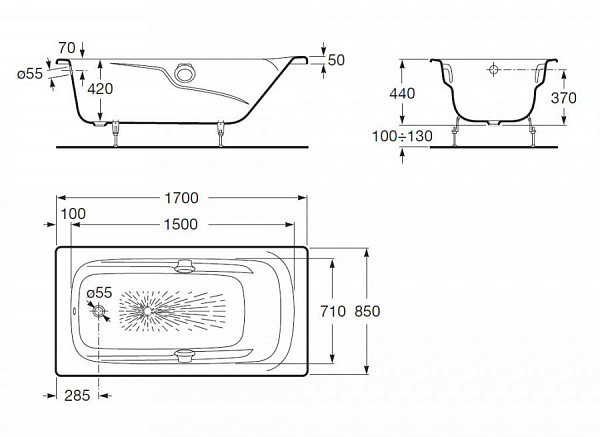 Чугунная ванна Roca Ming 170x85 с отверстиями под ручки A2302G000R