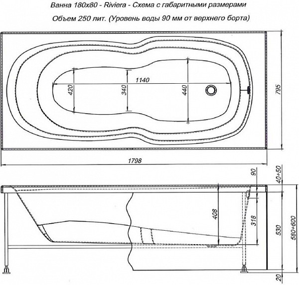 Акриловая ванна Aquanet Riviera 180x80 (с каркасом) 00231080