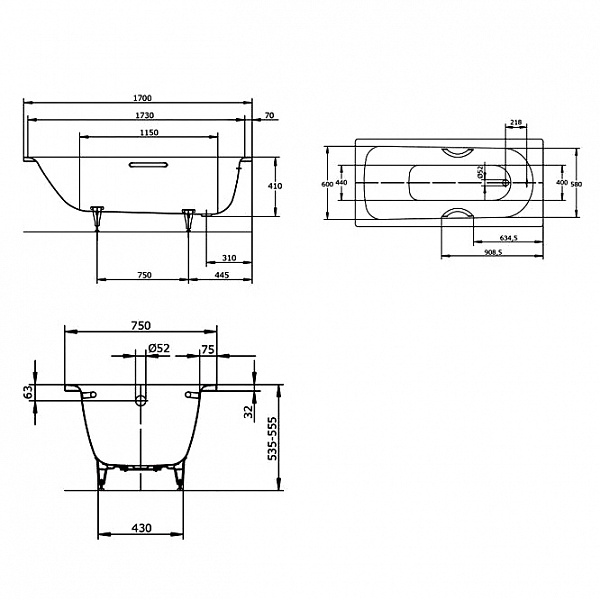 Стальная ванна Kaldewei Saniform Plus Star 170x75 133600013001 easy-clean standard mod. 336 с отверстиями под ручки