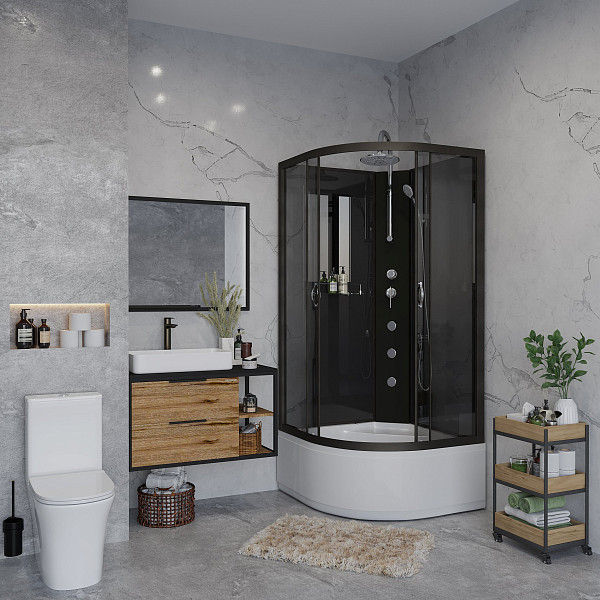 Душ.каб. NG-6508-14BKTG (900х900х2100-2400) высокий поддон(40см) стекло ТОНИРОВАННОЕ алюм черный 4 места