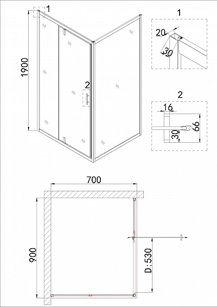 Душ.ограждение NG-43-9AG-A70G (90*70*190) прямоугольник, дверь распашная, 2 места