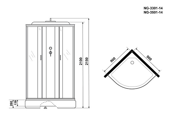 Душ.каб. NG-3501-14 (900х900х2150) низкий поддон(26см) стекло ТОНИРОВАННОЕ 4 места