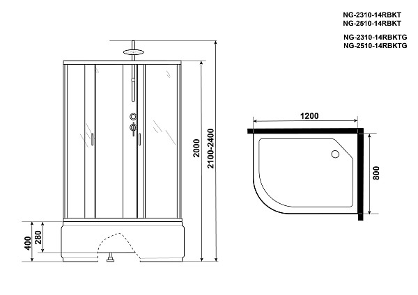 Душ.каб. NG-2310-14RBKT (1200х800х2100-2400) высокий поддон(40см) стекло МАТОВОЕ 4 места