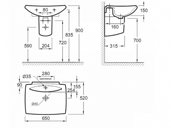 Раковина Jacob Delafon Escale 65х52 см E1211-00