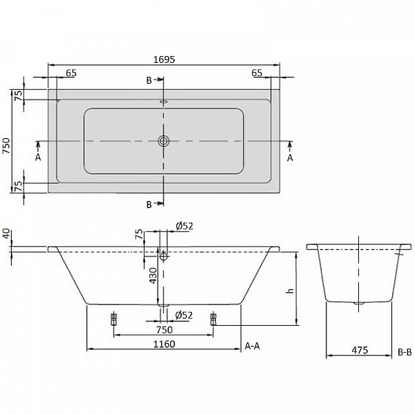Акриловая ванна Villeroy & Boch Targa Plus Duo 170x75 с ножками в комплекте UBA170NES2V01+U99740000