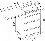 Тумба ДЖЕРСИ к умывальнику Камилла 1100 над стиральной машиной, 3 ящика